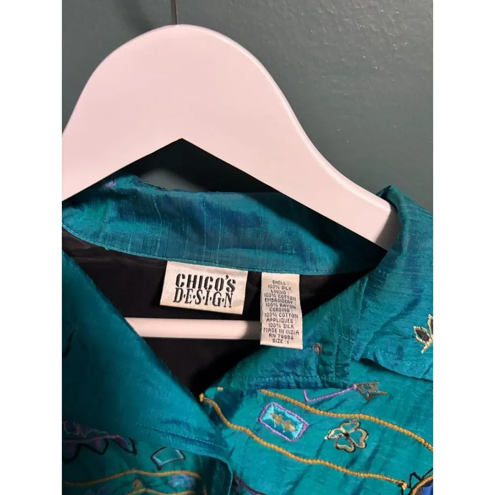 Vintage Chico's Jacket Womens Size 1 Medium Turquoise Embroidered Silk